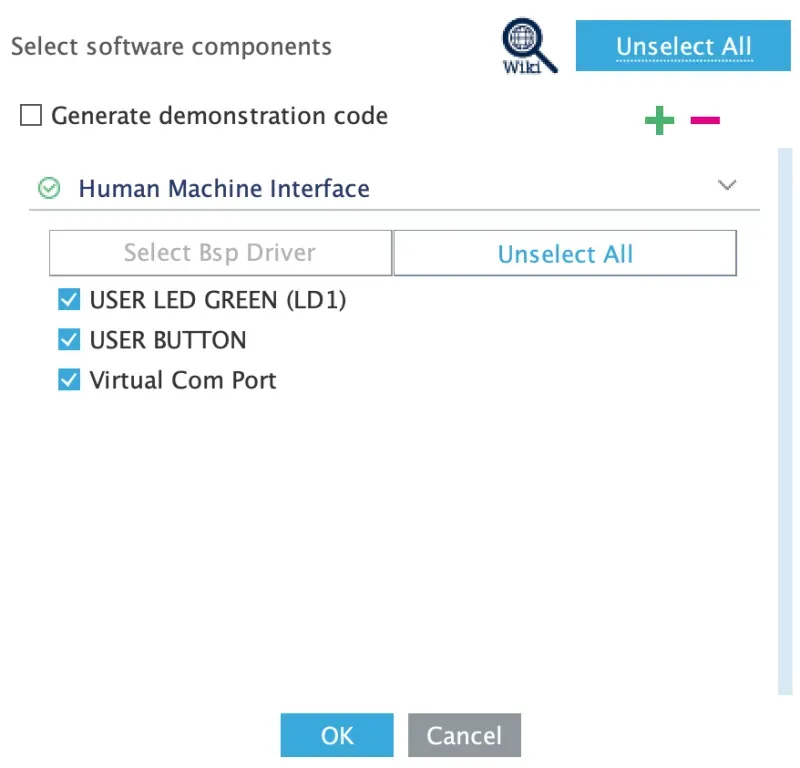 The CubeMX software component prompt, with Unselect All highlighted