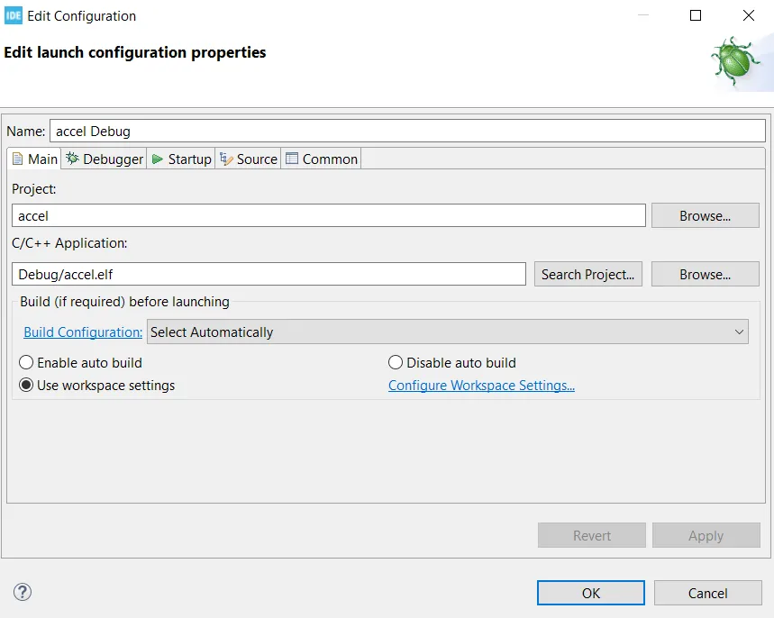 The debug configuration prompt, which can be accepted as-is