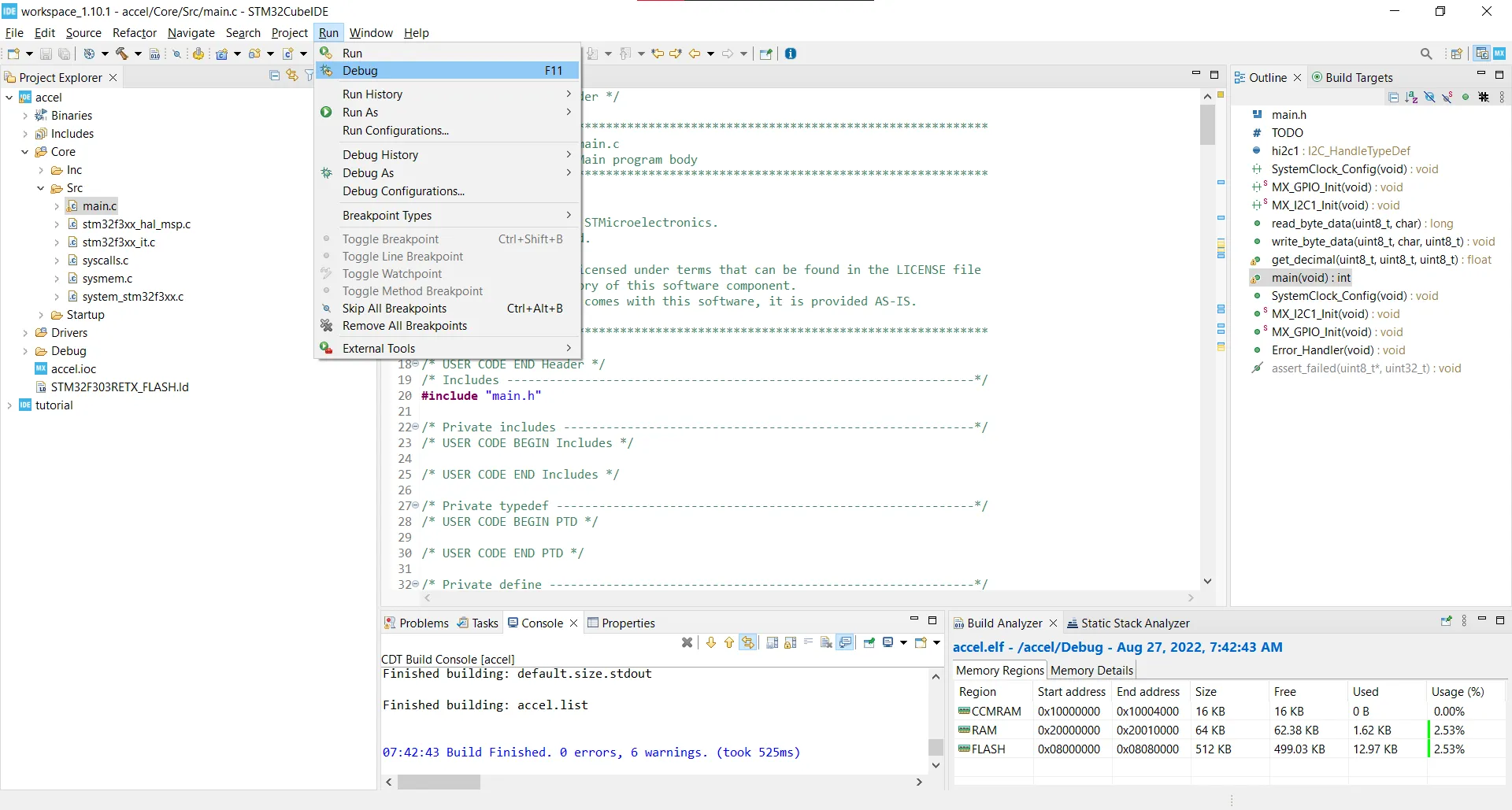 The CubeIDE debug perspective, paused at a breakpoint