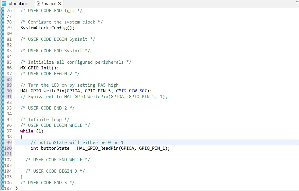 Example use of HAL_GPIO_ReadPin and HAL_GPIO_WritePin