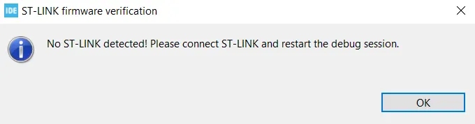 The error shown when CubeIDE cannot detect the connected Nucleo