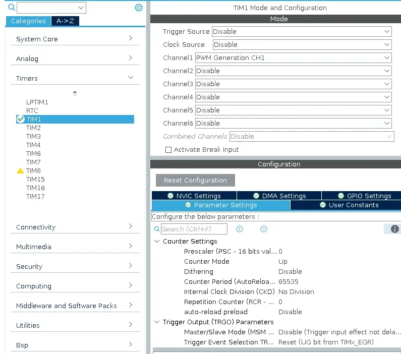 timer 1 configuration in stm32cubeide