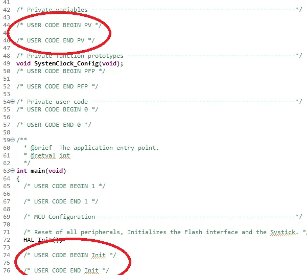USER CODE BEGIN and USER CODE END guard blocks in main.c